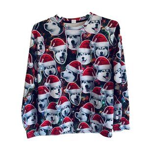 Santa Huskies Sweatshirt Funny Dogs in Hats Mens Large Fun Sweater